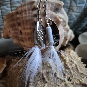 Chic Silver and White Feather Fishing Lure Earrings